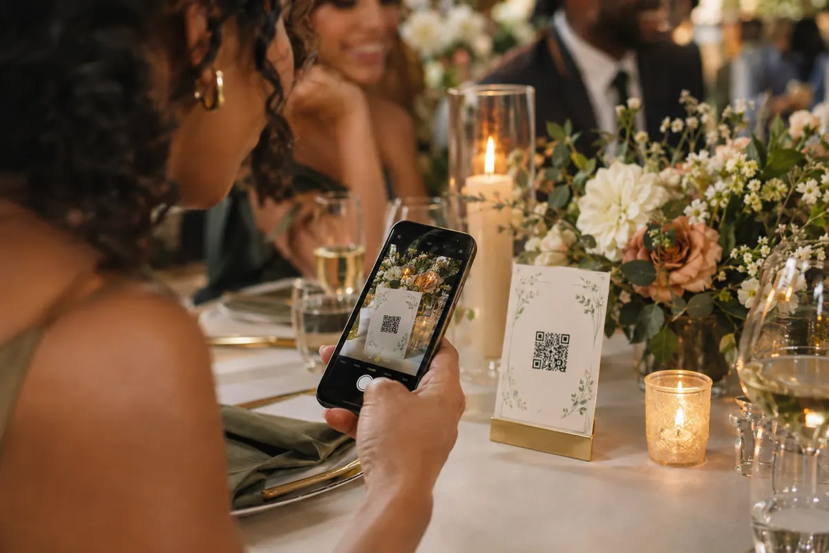 A wedding guest's hand holding a phone over an elegant table card with a QR code, flowers and candles behind