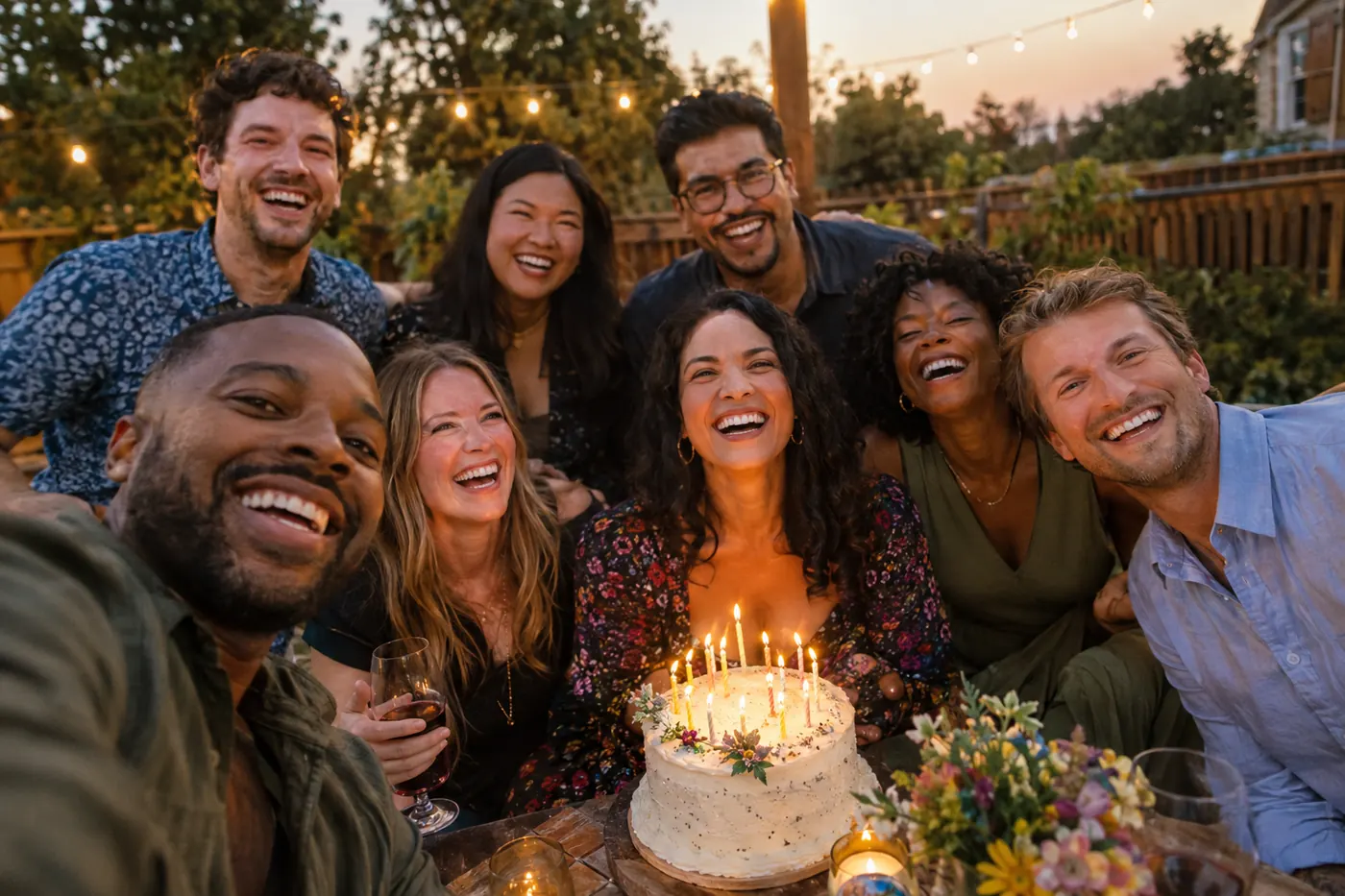 Friends laughing around a birthday cake with lit candles at a backyard party under string lights