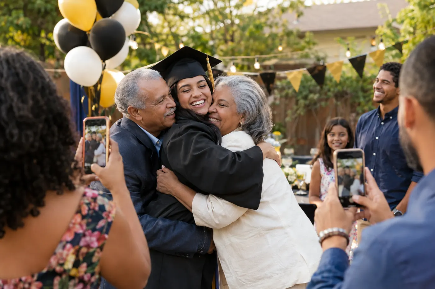 A graduate in cap and gown hugging their grandparents at a backyard party while relatives take photos