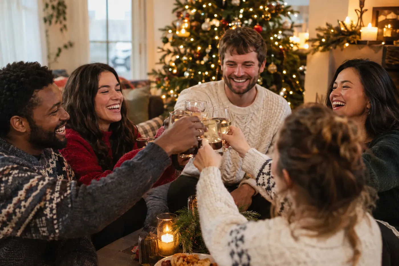 Friends in sweaters toasting by a decorated holiday tree at a cozy home party