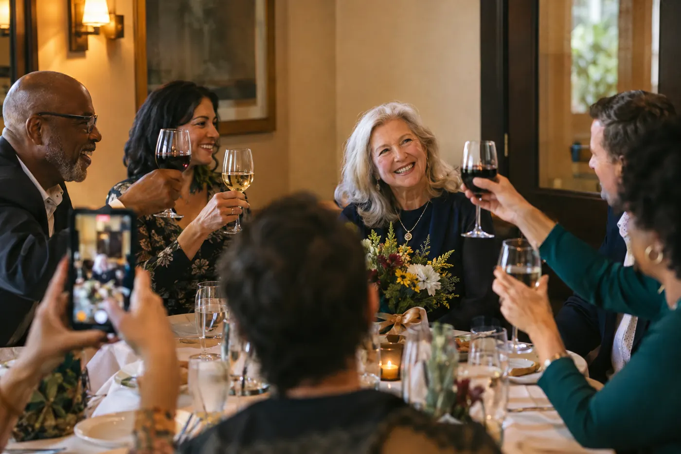 A smiling retiree being toasted by friends and family at a restaurant party while a guest takes a photo