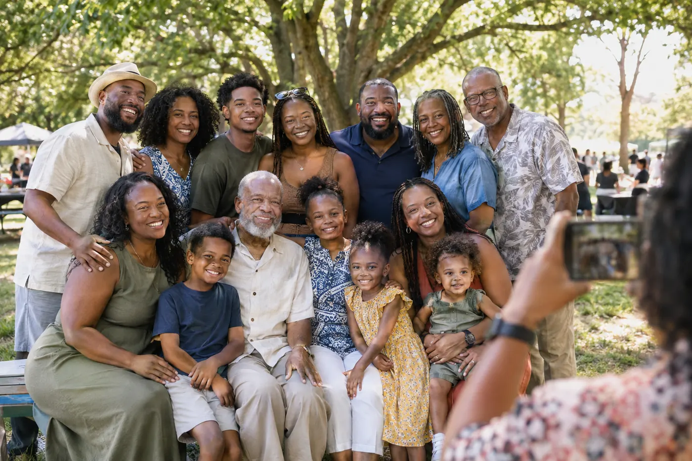 Three generations of a family posing for a group photo at a park reunion while a relative takes a picture